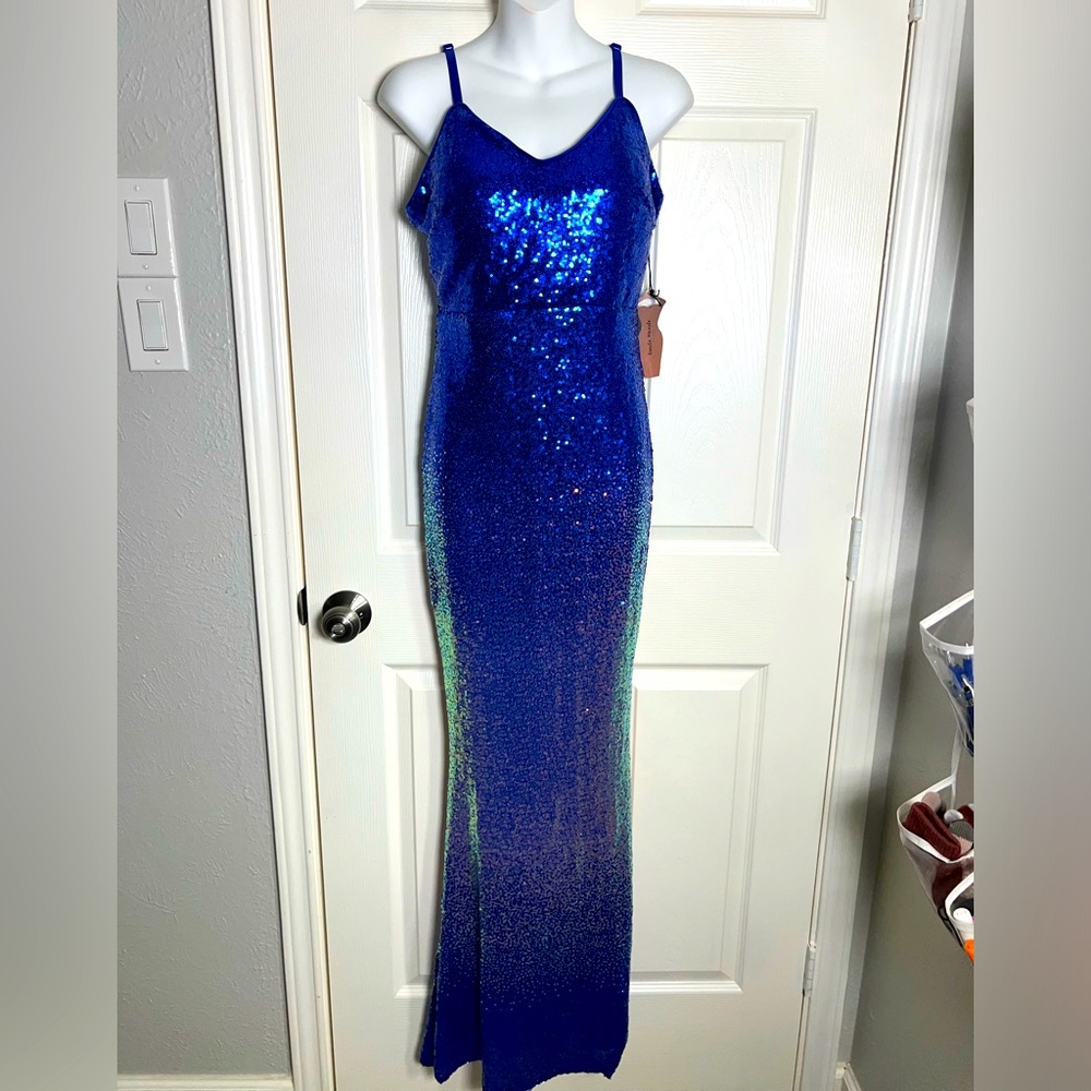 Blue sequined full length fish tail prom dress